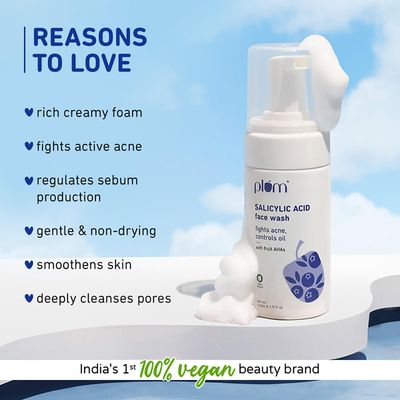 Plum 1% Encapsulated Salicylic Acid Foaming Face Wash with Glycolic Acid, Fruit AHA's &amp; Blueberry Extracts | Fights Acne, Blackheads &amp; Breakouts | For Men &amp; Women | Sulphate-Free | 100% Vegan | 110 ml