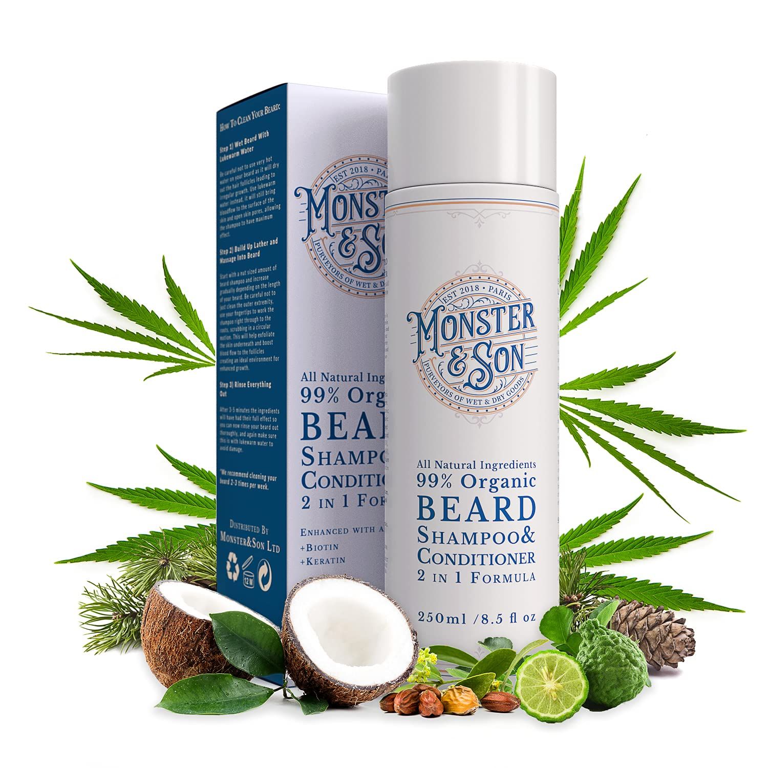 Monster&amp;Son Organic Beard Shampoo &amp; Conditioner 2 in 1 - Beard Wash with Conditioning For Men - Gentle Face Cleanser For Sensitive Skin - Hypoallergenic, Paraben &amp; Sulphate Free - Long Lasting 250ml
