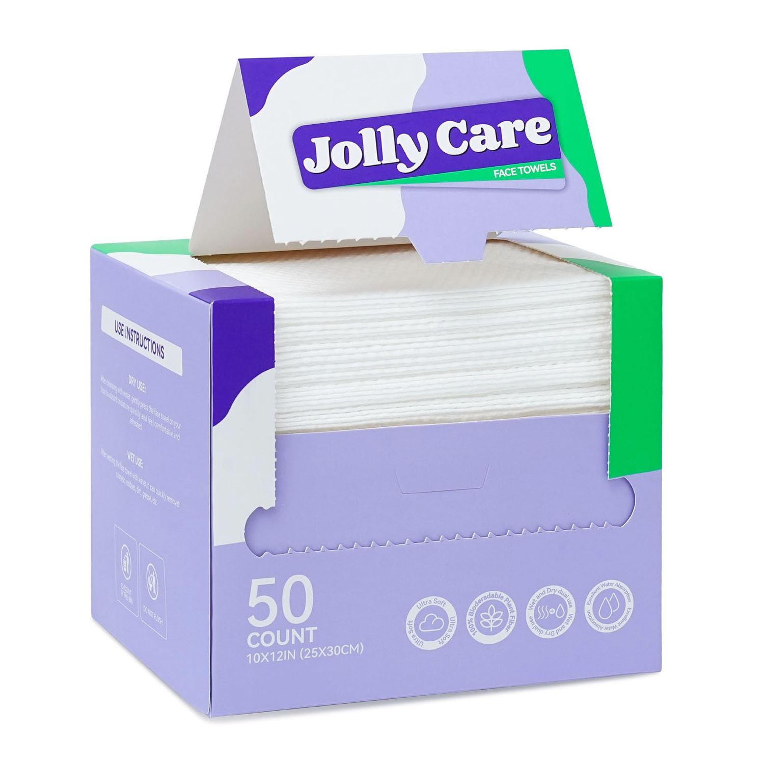Jolly Care Disposable Face Towels, 10&quot;12&quot; XL Face Towelette Disposable, Soft Makeup Remover Dry Wipes, Thick Facial Tissue for Women Cleansing, Skin Care, 50 Count (1 Pack)