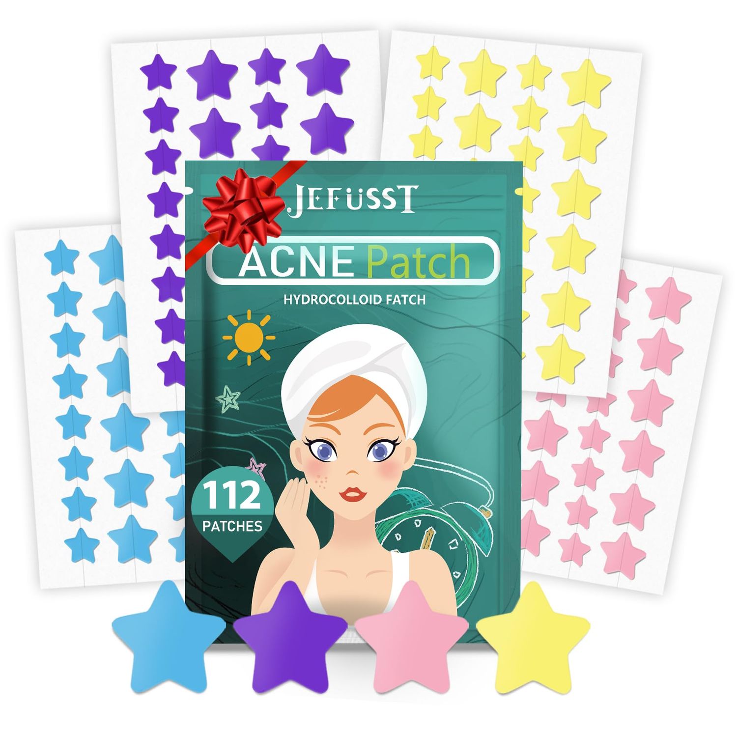 Jefusst Star Acne Patches 112 Dots, Star Pimple Patch Pimple Patches Hydrocolloid Acne Patches for Face Cute Zit Patches Pimple Stickers Acne Dots - Purple, Blue, Green and Yellow