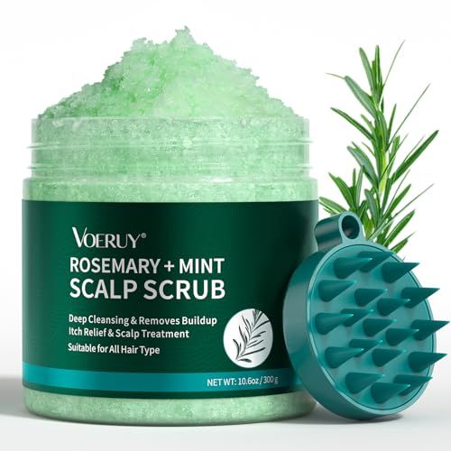 VOERUY Scalp Scrub, Rosemary Scalp Exfoliator Scrub Shampoo, 2-in-1 Scalp Treatment with Mint Oil, Hair Treatment to Clarify and Remove Build Up with Silicone Scalp Massager, 10.6oz/300g