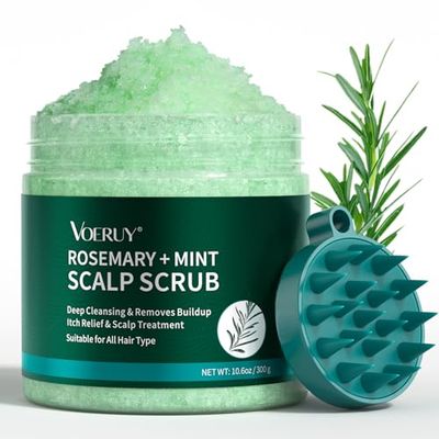 VOERUY Scalp Scrub, Rosemary Scalp Exfoliator Scrub Shampoo, 2-in-1 Scalp Treatment with Mint Oil, Hair Treatment to Clarify and Remove Build Up with Silicone Scalp Massager, 10.6oz/300g