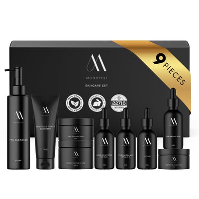 Monopoli Skin Care Set | Complete Routine: 9-Piece Face Care Set for Women &amp; Teens for Anti-Aging, Hydration &amp; Acne Control | Skincare Gift Set &amp; Kits | Premium Skincare Set with Educational Resources