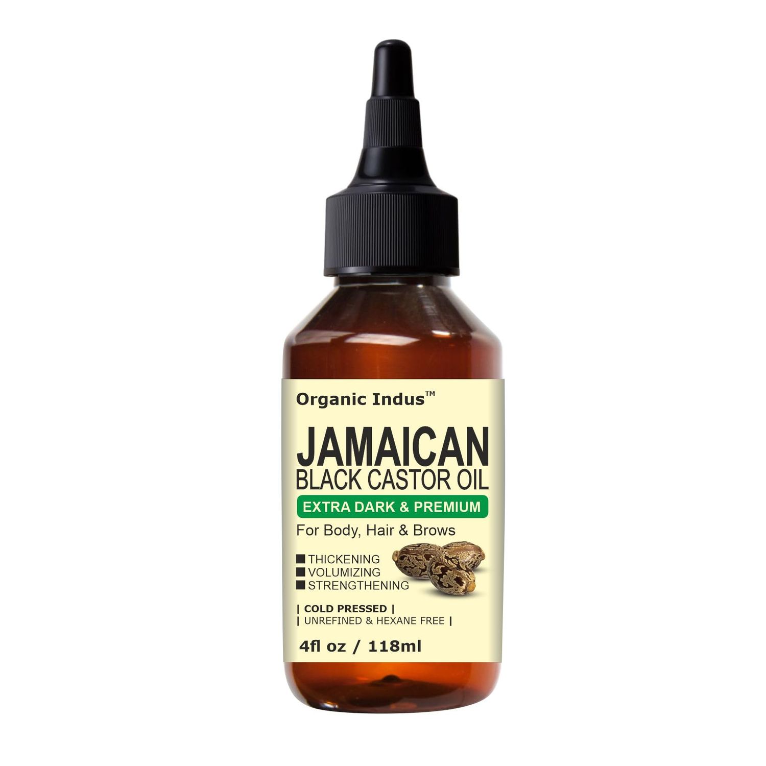 Organic Indus Extra Dark Jamaican Black Castor Oil | Pure &amp; Unrefined for Hair, Skin, and Scalp Care | 4fl oz / 118ml