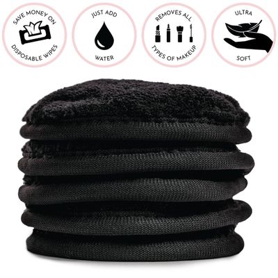 S&amp;T INC. Makeup Remover Wipes for Skin Care with Laundry and Storage Bag, Reusable Makeup Wipes or Face Towels, Travel Essentials, Black, 4 In. Diameter, 5PK