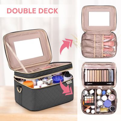 HXLGMD Double Layer Travel Makeup Bag Women, Cosmetic Organizer Case, Travel Essentials Accessories with Shoulder Strap for Bottles, Brushes, Conditioner, Skin Care Products, Black