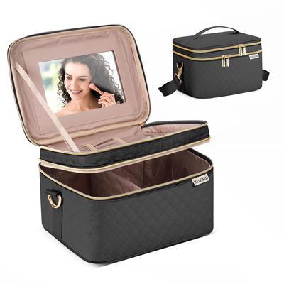 HXLGMD Double Layer Travel Makeup Bag Women, Cosmetic Organizer Case, Travel Essentials Accessories with Shoulder Strap for Bottles, Brushes, Conditioner, Skin Care Products, Black