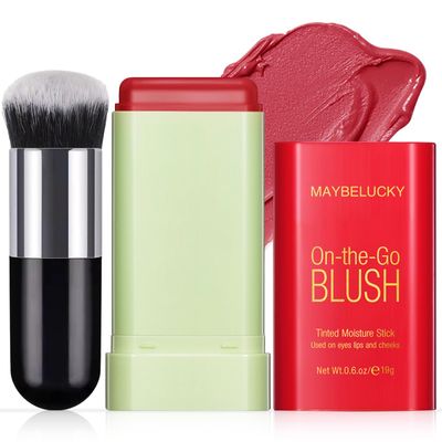 HOSAILY Cream Blush Stick for Cheeks, Multi-Use Makeup Blush Stick for Eyes Lips Face, Travel-Friendly Tinted Solid Moisturizer Matte Blush, Natural Glow Blendable Smooth Blusher with Brush-Hot Red