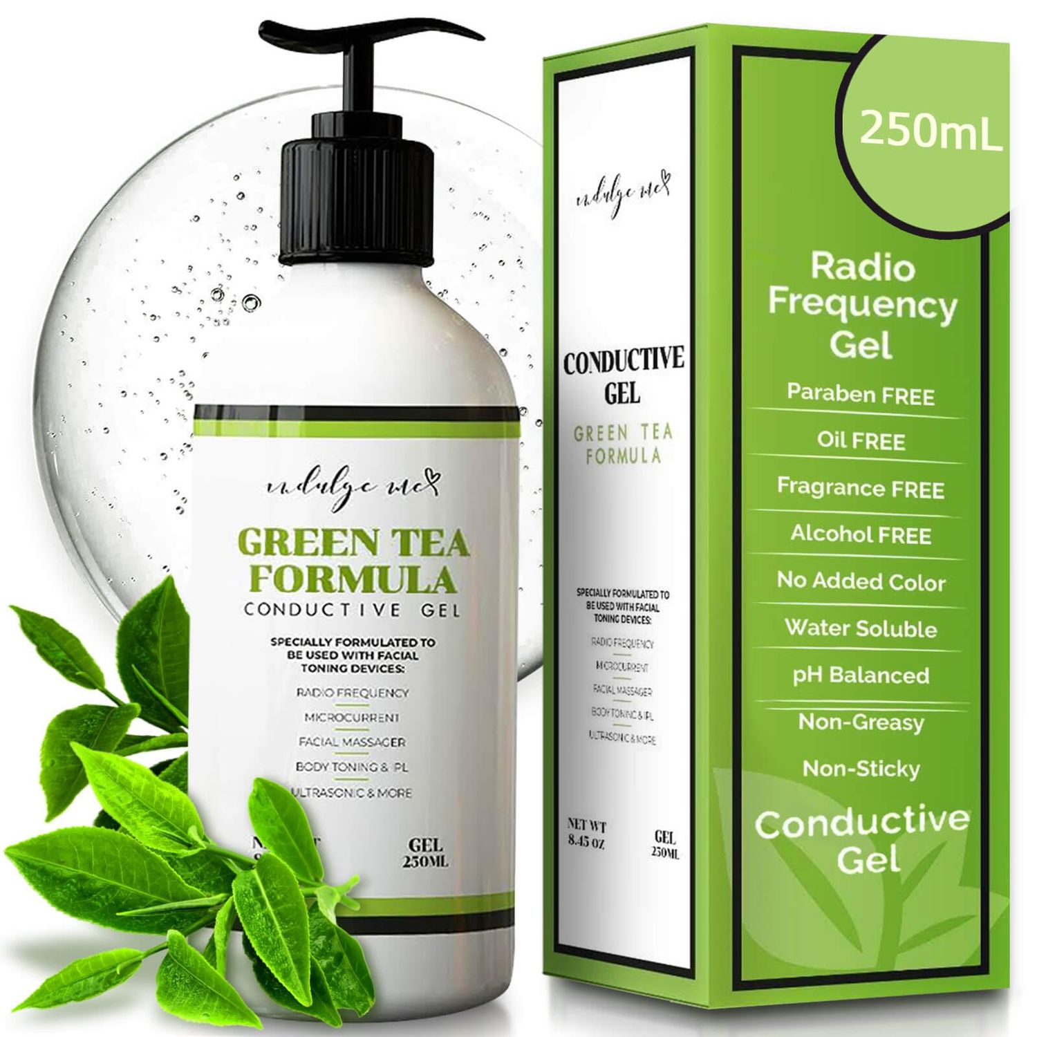 IndulgeMe Facial Conductive Gel for Microcurrent Device with Korean Green Tea Extract, Aloe Leaf Water, Hyaluronic Acid - Primer Conducting Gel for Face/Body Sculpting, RF, Red Light Therapy (8.45 oz)