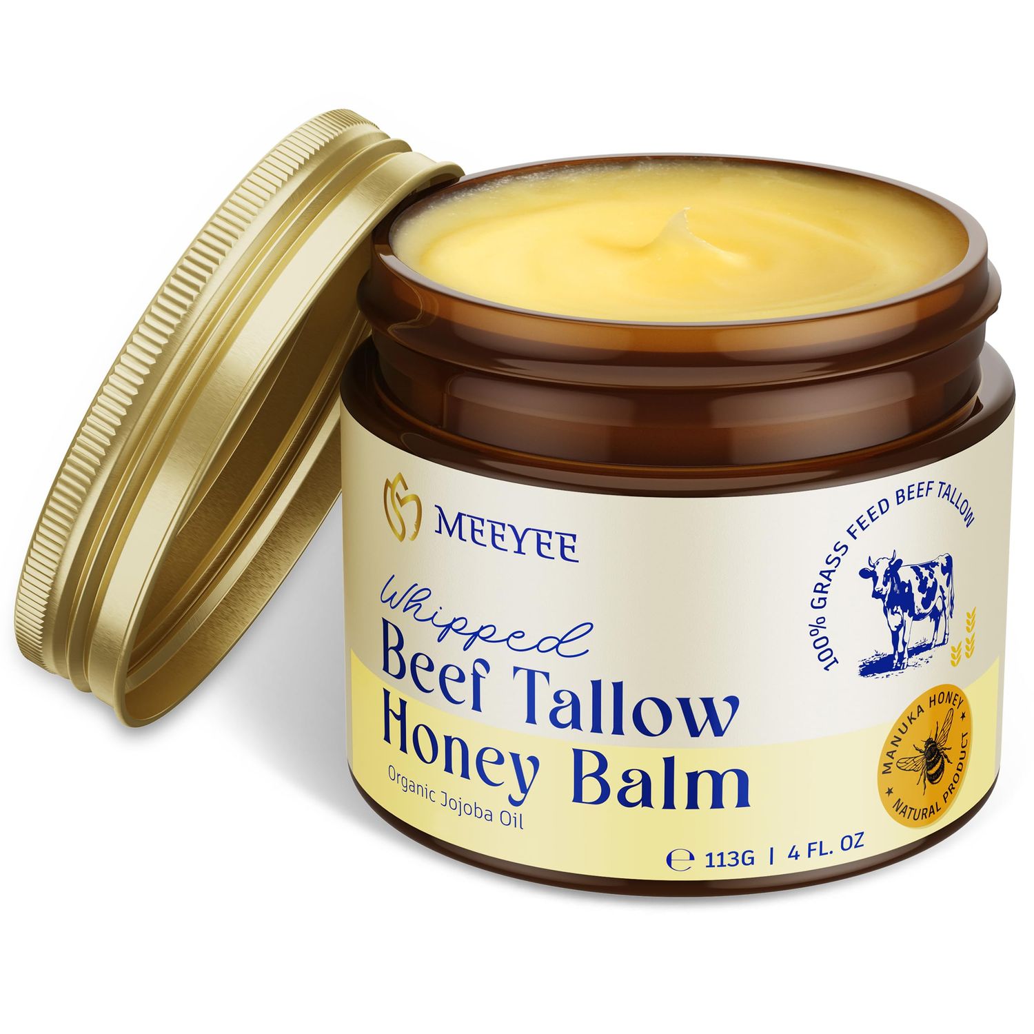 MEEYEE Beef Tallow Balm for Skin - Grass fed beef tallow honey moisturizer for face body dry skin (4 oz, Original)