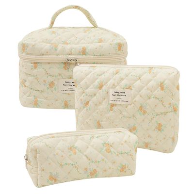 Quilted Floral Makeup Bag 3PCS, Cute Cotton Coquette Aesthetic Travel Toiletry Bag, Zipper Cosmetic Pouch, Daily Travel Use Skincare Bag, Large Capacity (Peach Petal Soft)