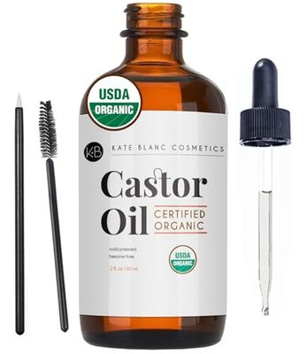 Kate Blanc Cosmetics Castor Oil Organic (2oz), 100% Pure, Cold Pressed, Hexane Free. Stimulate Growth for Hair, Eyelashes, Eyebrows. Hair Treatment Starter Kit &amp; Skin Moisturizer
