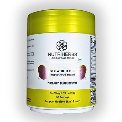 Nutriherbs Glow Builder with Blend of 48 Super Foods - Reduce Fine Lines,Wrinkles,Skincare for Glowing &amp; Healthy Skin, Immunity Booster, Improves Hair Health (30 Sachets)