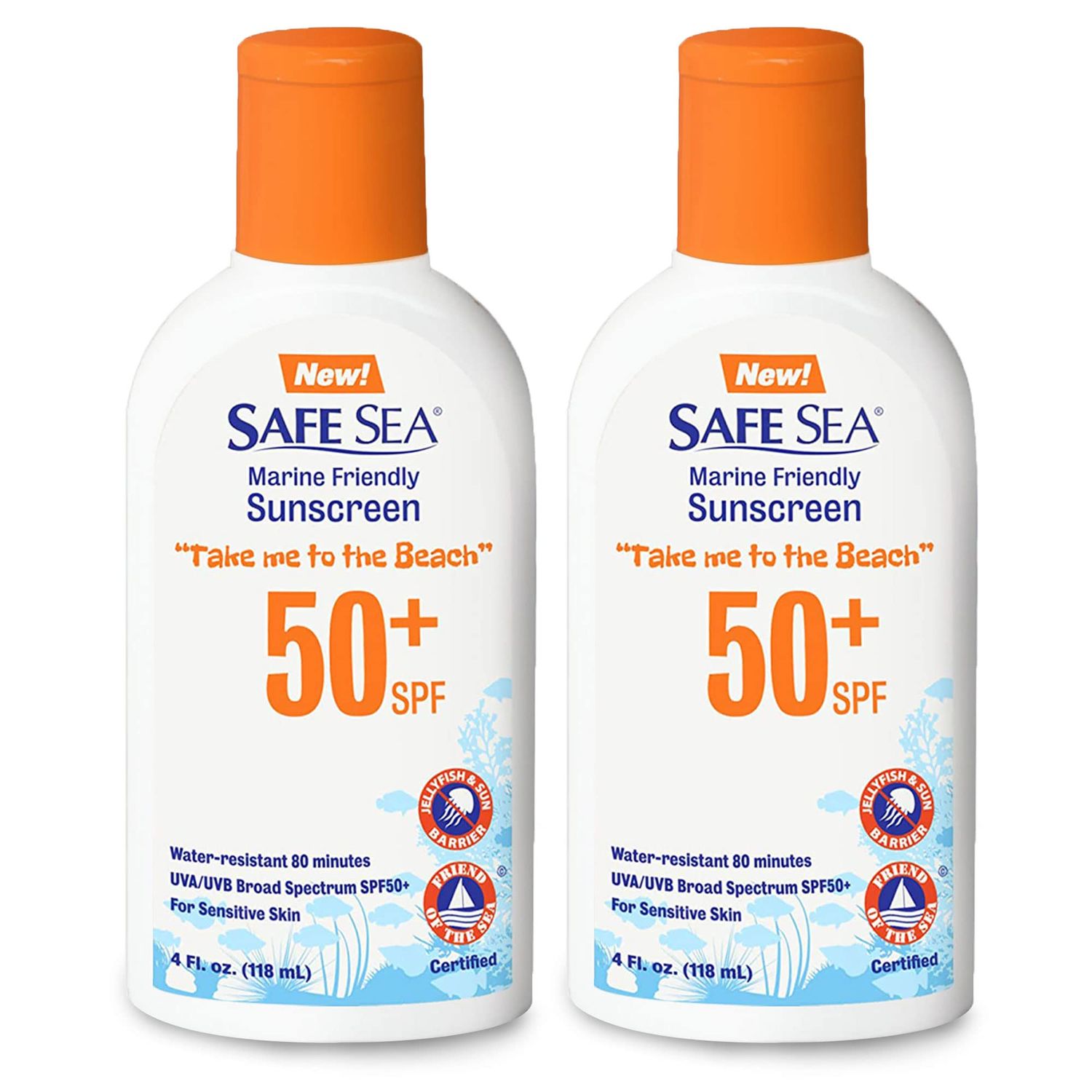 Safe Sea Jellyfish Sting-Blocking Sunscreen, SPF 50+ Lotion 4oz, Waterproof, Biodegradable, Coral Reef-Safe - Body and Face Sunscreen, Anti-Jellyfish and Sea-Lice sting protection. 4 Fl Oz (Pack of 2)
