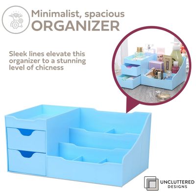 Uncluttered Designs Makeup Organizer With Drawers - Modern Countertop Storage for Cosmetics - Chic Vanity Holder for Cologne, Skincare, Brush, Lipstick, Nail Polish Organization & Display (Blue)