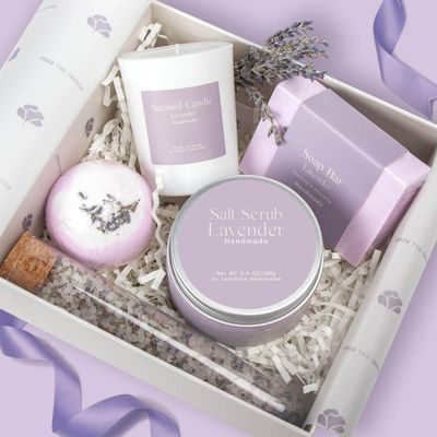 LaurGifts Lavender Spa Gift Box for Women - Birthday Gift for Her with Candle &amp; Spa Set - Dutch Flower Fields Inspired Relaxing Gifts for Mom, Wife, Sister, Friend, Coworker