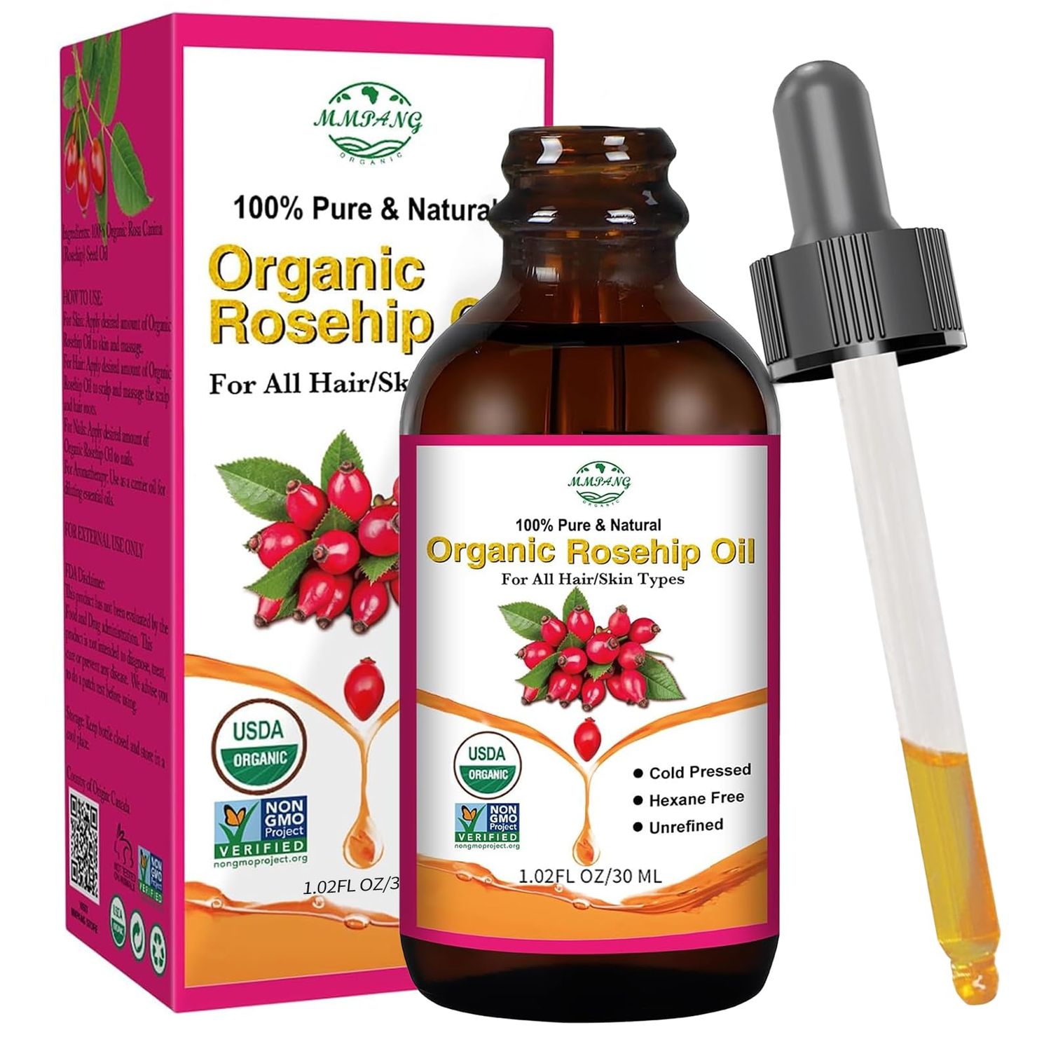 MMPANG Organic Rosehip Seed Oil for Face, USDA Certified, Cold Pressed, Unrefined, 100% Pure Natural Rose Hip Oil (1oz / 30ml) for Anti-Aging, Acne Scar Treatment, Skin &amp; Hair Care, Gua Sha Massage