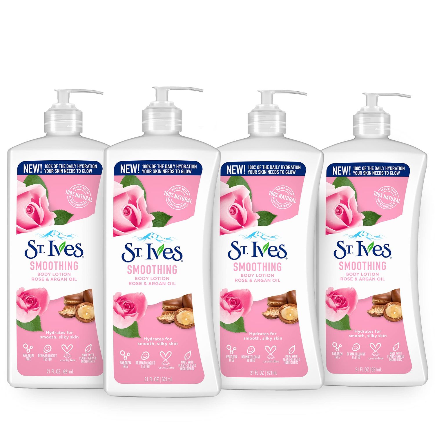 St. Ives Smoothing Hand &amp; Body Lotion for Women with Pump, Daily Moisturizer Rose and Argan Oil for Dry Skin, Made with 100% Natural Moisturizers, 21 fl oz, 4 Pack