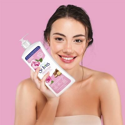 St. Ives Smoothing Hand &amp; Body Lotion for Women with Pump, Daily Moisturizer Rose and Argan Oil for Dry Skin, Made with 100% Natural Moisturizers, 21 fl oz, 4 Pack