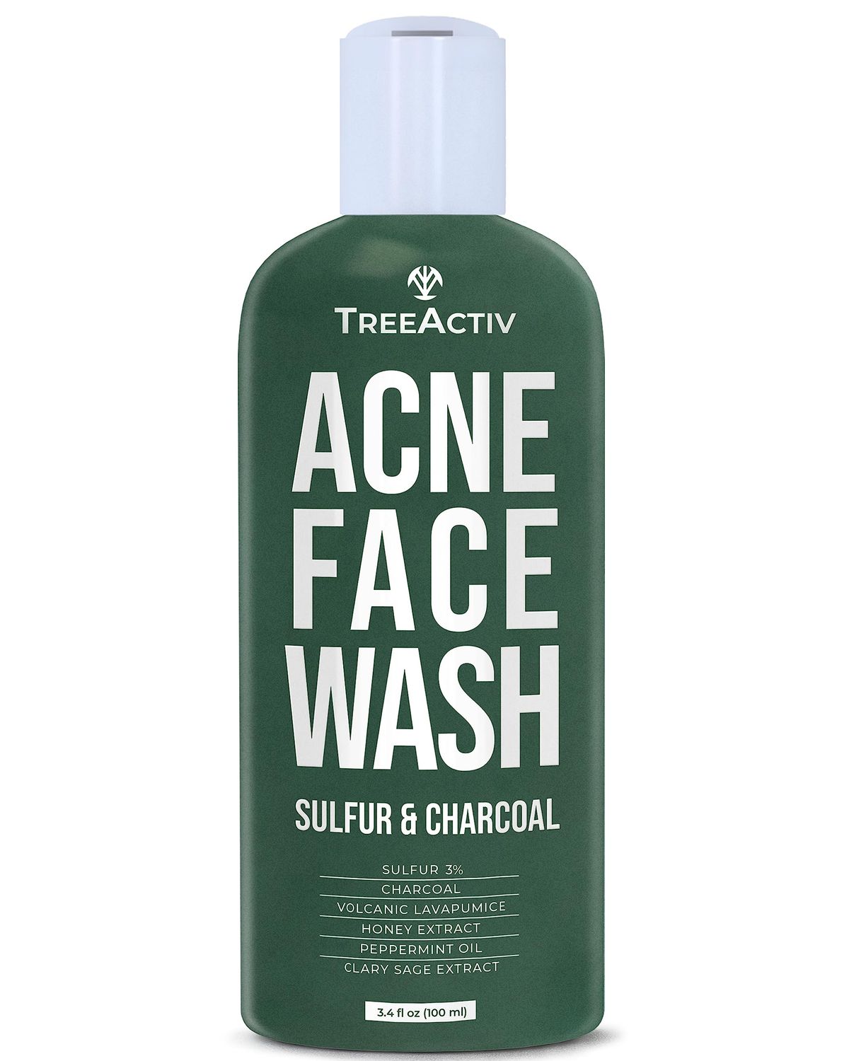 TreeActiv Acne Charcoal Face Wash 3.4 oz, Exfoliating Daily Honey &amp; Sulfur Face Wash - Sulfur Acne Treatment Cleanser Face Soap, Mens Face Wash, Deep Cleansing Moisturizing Face Wash for Women and Men