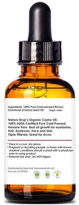 Nature Drop Organic Castor Oil,1 oz - 100% USDA Certified Pure Cold Pressed Hexane free - Best oil Growth For Eyelashes, Hair, Eyebrows, Face and Skin, Triple Filtered, Great for Acne