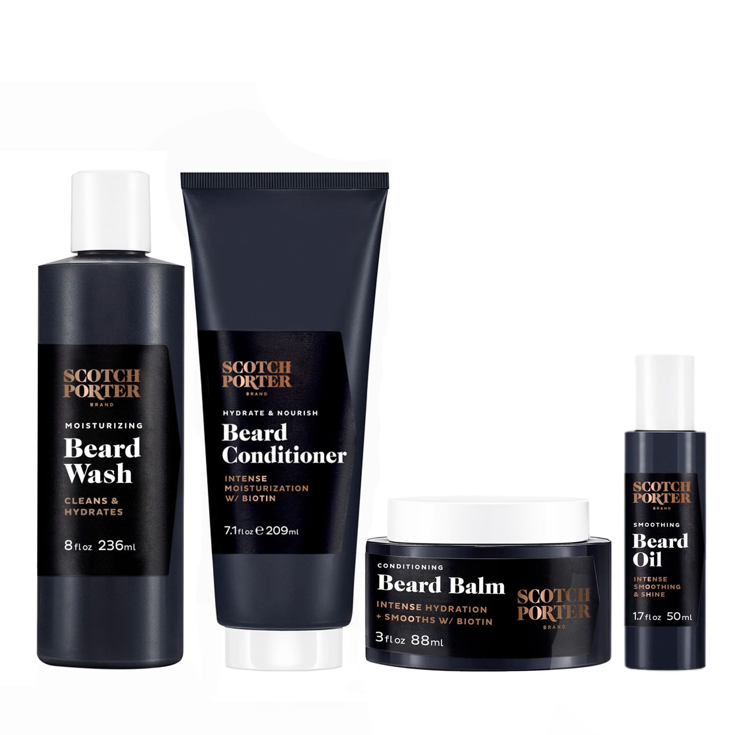 Scotch Porter Beard Collection - Cleanse, Moisturize, Soothe &amp; Style Coarse, Dry Hair while Encouraging Growth for a Fuller/Healthier-Looking Beard - Includes Full-Size Wash, Conditioner, Serum &amp; Balm