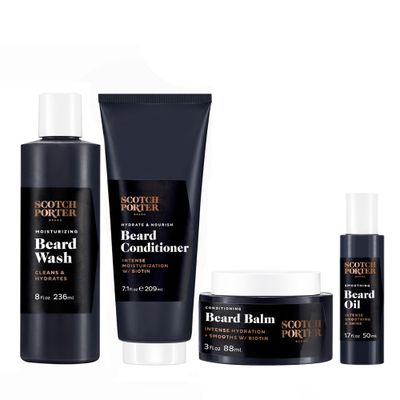 Scotch Porter Beard Collection - Cleanse, Moisturize, Soothe &amp; Style Coarse, Dry Hair while Encouraging Growth for a Fuller/Healthier-Looking Beard - Includes Full-Size Wash, Conditioner, Serum &amp; Balm