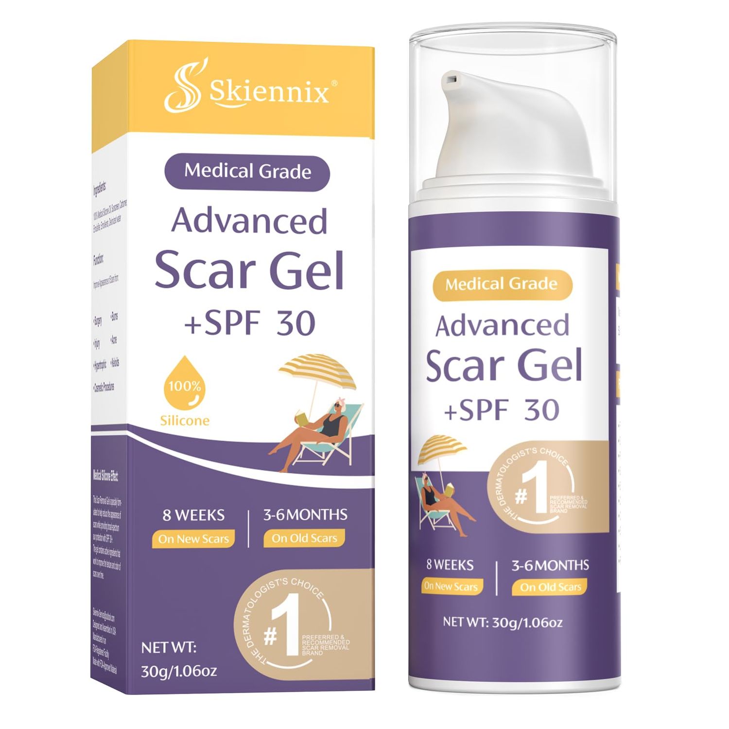 Skiennix Scar Cream with SPF 30, Medical Grade Silicone Gel, Reduces the Appearance of Scars, Effective for Old and New Scars on Face and Body, 1.06 oz, 30 grams