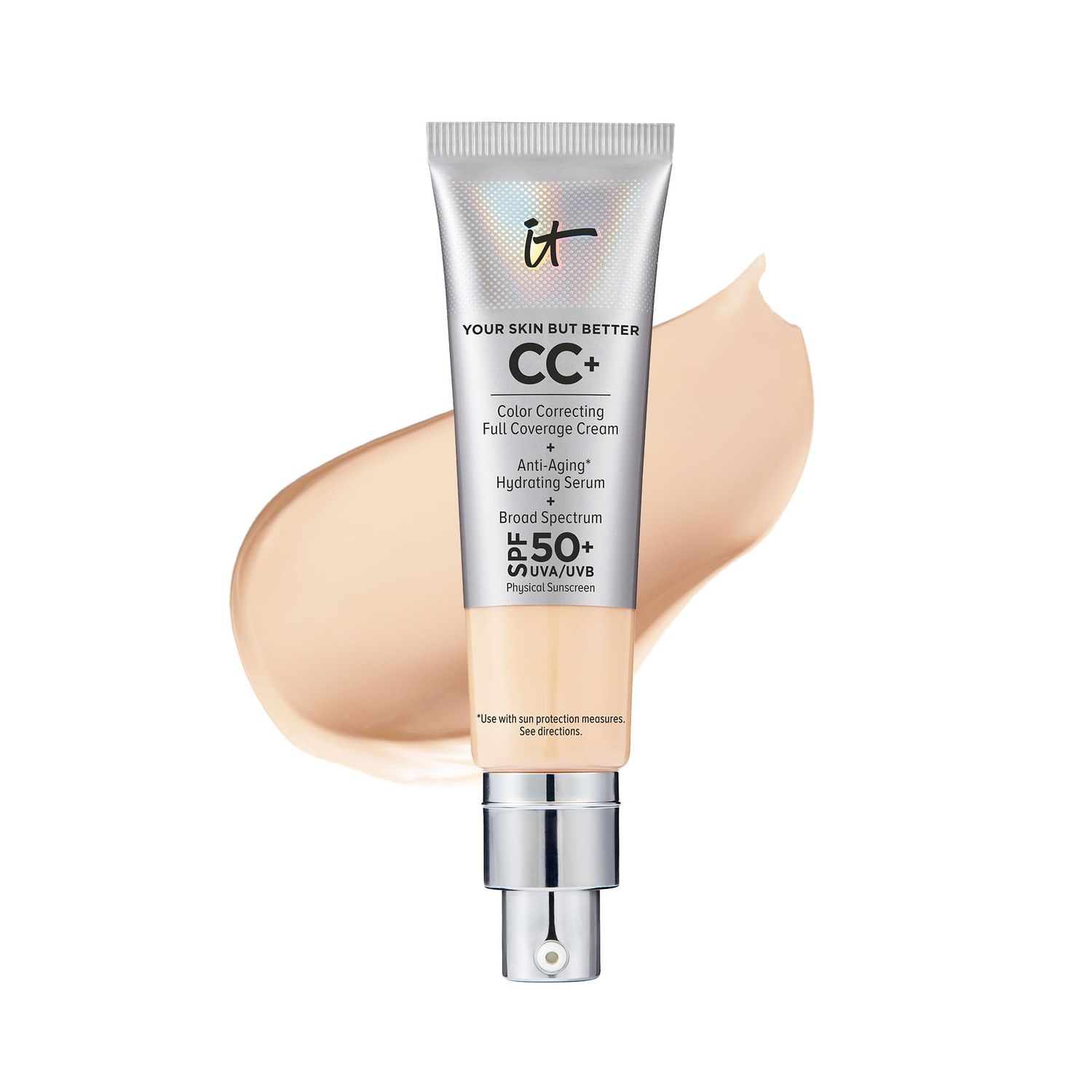 IT Cosmetics Your Skin But Better CC+ Cream, Light (W) - Color Correcting Cream, Full-Coverage Foundation, Hydrating Serum &amp; SPF 50+ Sunscreen - Natural Finish - 1.08 fl oz