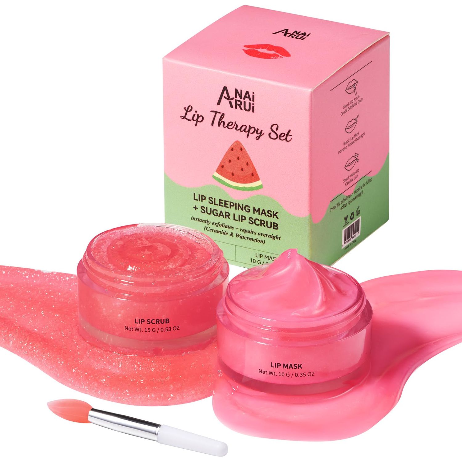 Lip Mask Set, Lip Scrub &amp; Lip Butter, Overnight Lip Treatment Set Enriched With Skin Softening Ceramide &amp; Watermelon and Hydrating Shea Butter, For A Softer &amp; Smoother Pout