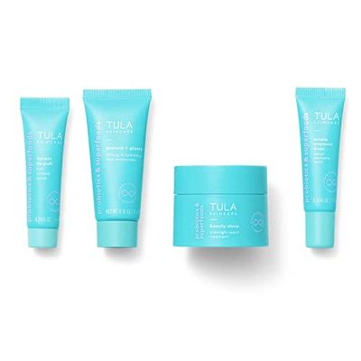 TULA Skin Care Your Best Skin At Every Age Firming &amp; Smoothing Discovery Kit, New Packaging - Wrinkle Treatment, Face Moisturizer, Eye Serum and Overnight Repair Treatment, Anti-Aging, 4-Piece Kit