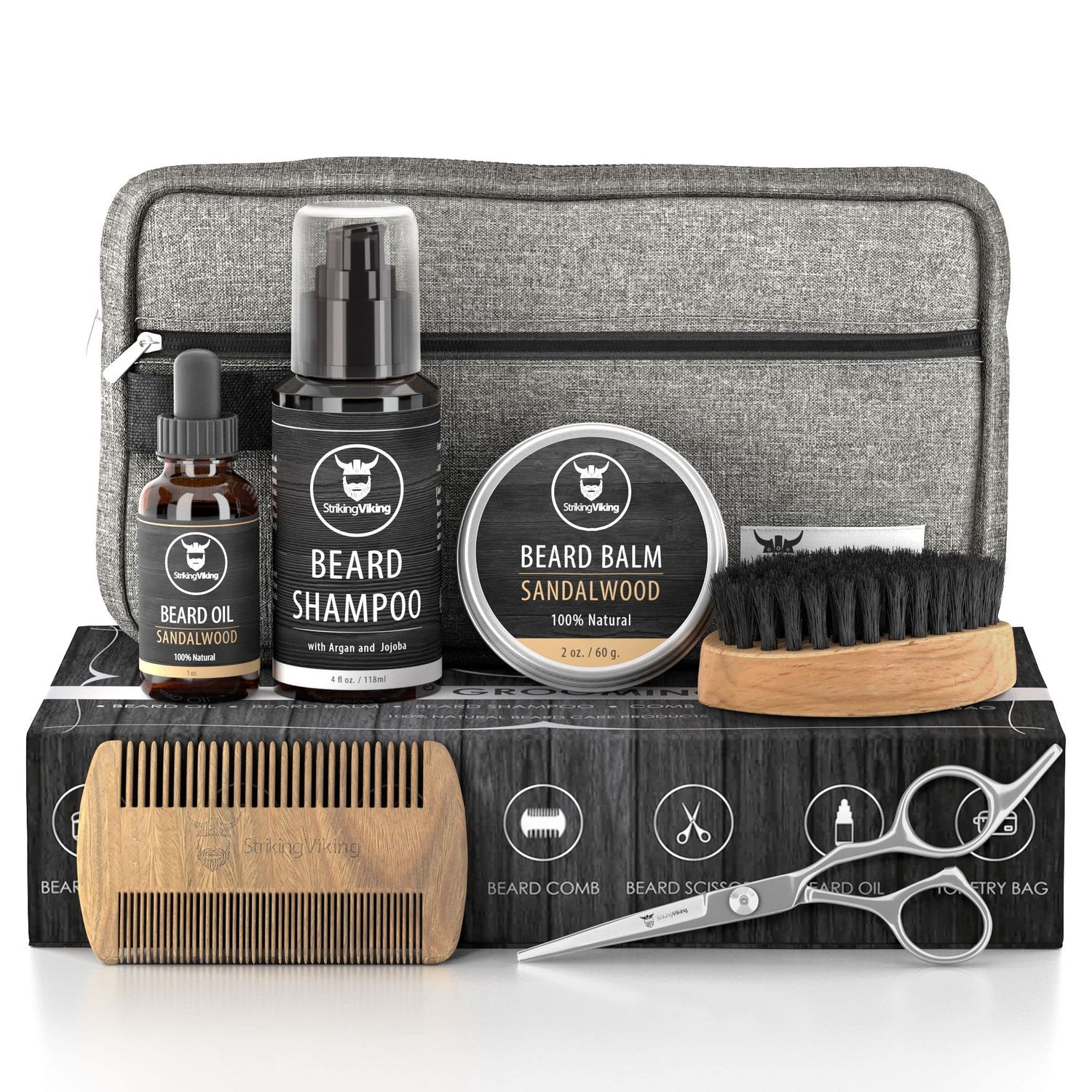 Striking Viking Grooming Kit - Premium Care Products for Men with Beard Shampoo, Oil, Balm Butter, Brush, Wooden Comb, Mustache Scissors &amp; Toiletry Bag