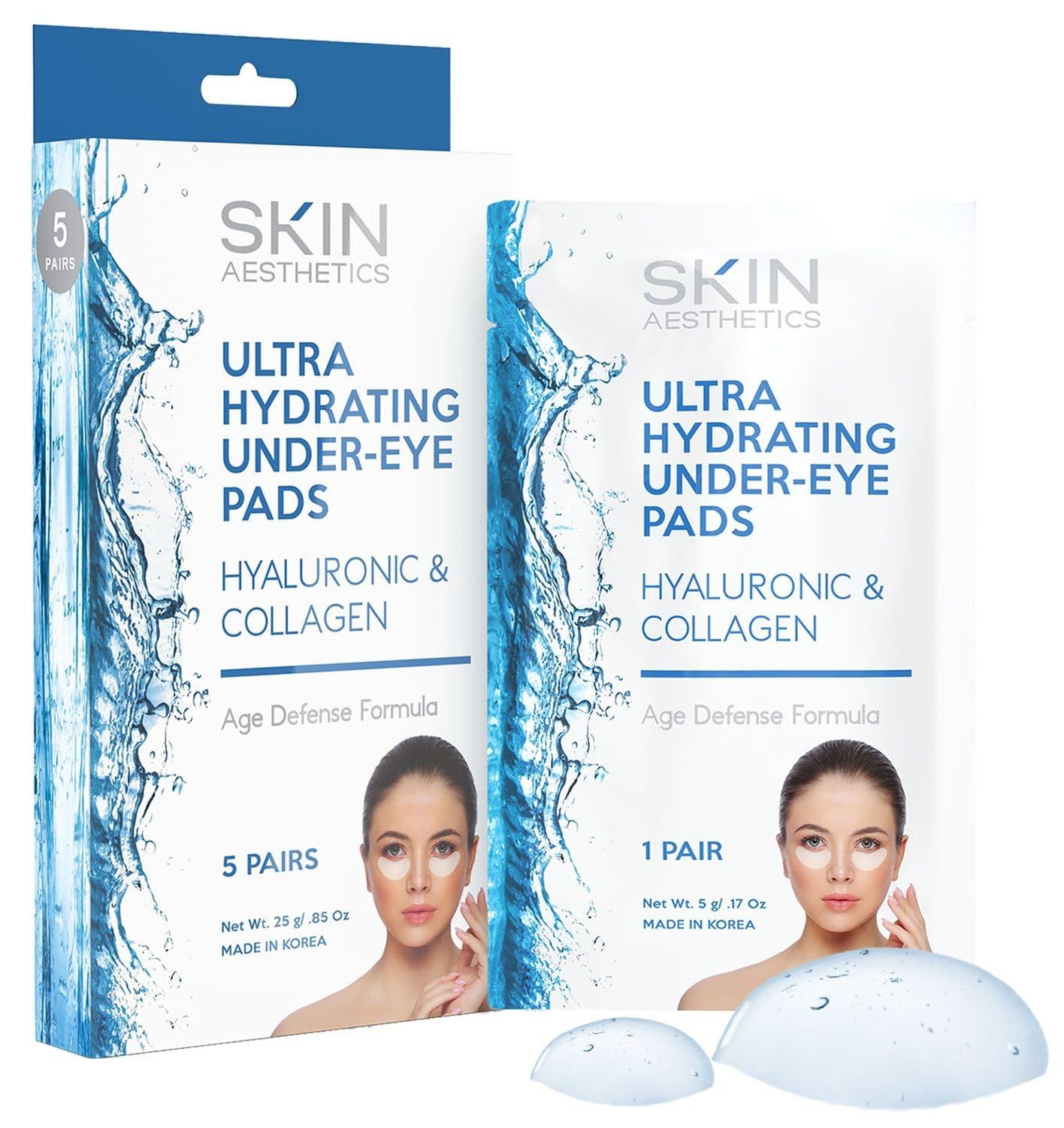 Skin Aesthetics Hyaluronic &amp; Collagen Under Eye Patches - Reduces Puffiness, Eye Bags &amp; Wrinkles, Ultra Hydrating - Dermatologist Tested Korean Skincare - Clean Beauty, Cruelty-Free - 5 Pairs