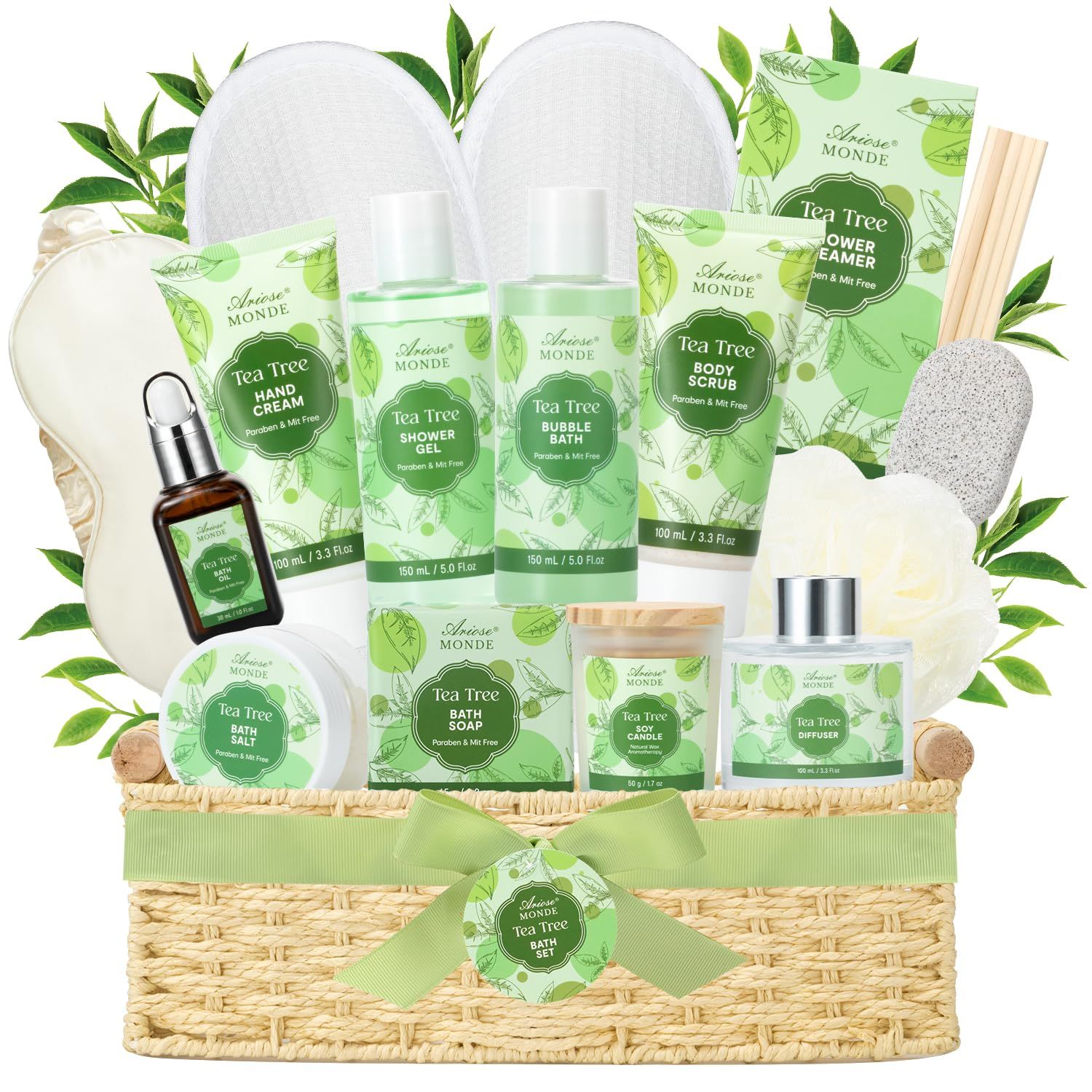 Spa Gift Basket,Tea Tree Bath Spa Gift Set with Shower Gel, Bubble Bath, Hand Cream, Bath Soap, Bath Salt, Essential Oil, Luxury Bath and Body Gift Kit for Women
