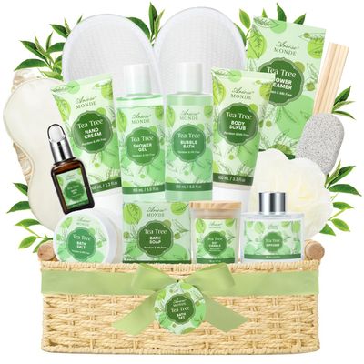 Spa Gift Basket,Tea Tree Bath Spa Gift Set with Shower Gel, Bubble Bath, Hand Cream, Bath Soap, Bath Salt, Essential Oil, Luxury Bath and Body Gift Kit for Women