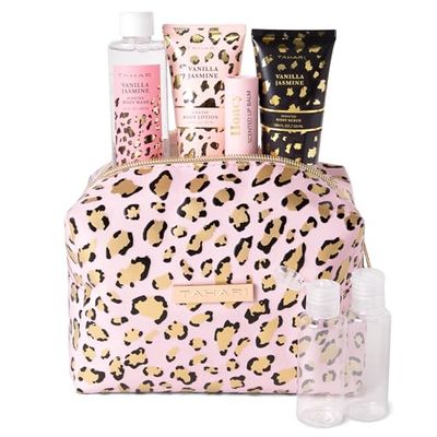Tahari Vanilla Jasmine Spa Gift Set for Women - Luxurious Bath Kit with Body Lotion, Body Scrub, Body Wash &amp; Lip Balm with Bag - Perfect Selfcare Gifts for Women (Leopard)