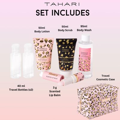 Tahari Vanilla Jasmine Spa Gift Set for Women - Luxurious Bath Kit with Body Lotion, Body Scrub, Body Wash & Lip Balm with Bag - Perfect Selfcare Gifts for Women (Leopard)