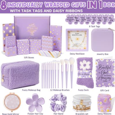 Valentine Gifts for Teen Girls - 8 PCS Birthday Gifts Basket for Tween Teen Girls, Teen Girl Gifts Trendy Stuff Fun Girl Empower Gift Box w/Task Tags, Make up Brushes Makeup Bag for Niece Daughter Her