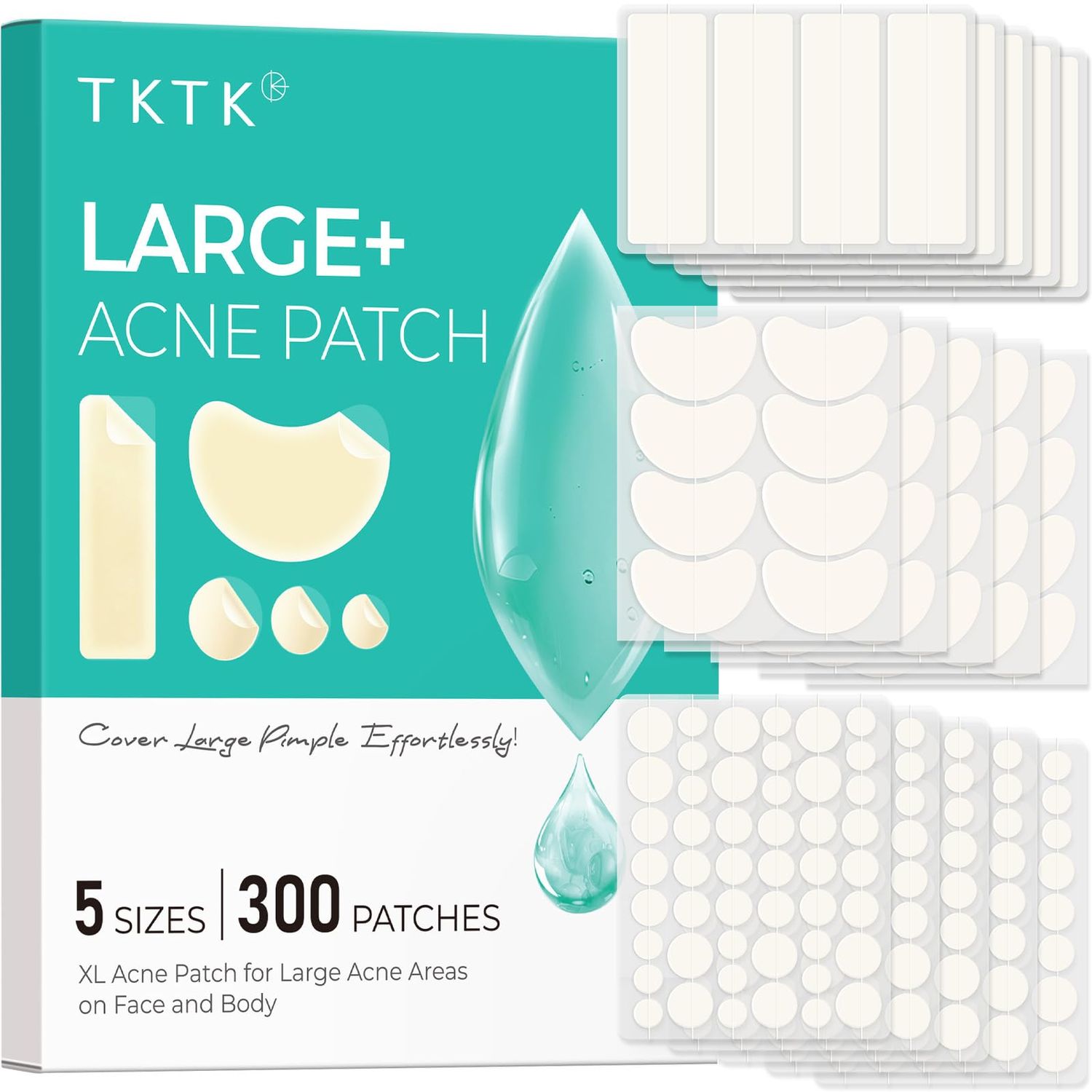 TKTK Large Pimple Patches for Face, XL Acne Patches 60 x 20 mm, Big Hydrocolloid Bandages for Body, Forehead, Chin, Neck Zit Breakouts, Hydrocolloid Patch (Strip, Contoured, Dot 5 Sizes 300 Count)