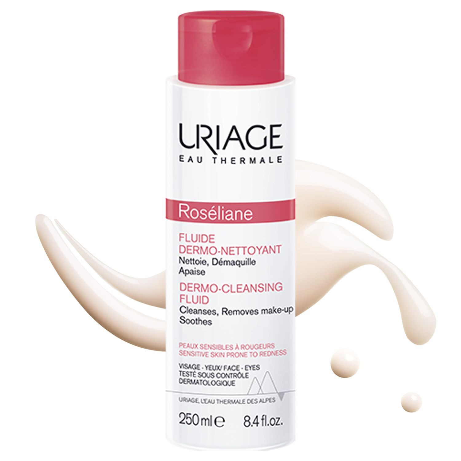 Uriage Roseliane Anti-Redness Dermo-Cleansing Fluid 8.4 fl.oz. | Cleansing Lotion for Face &amp; Eyes that Eliminates all Impurities while Guaranteeing High Tolerance for sensitive skins Prone to Redness