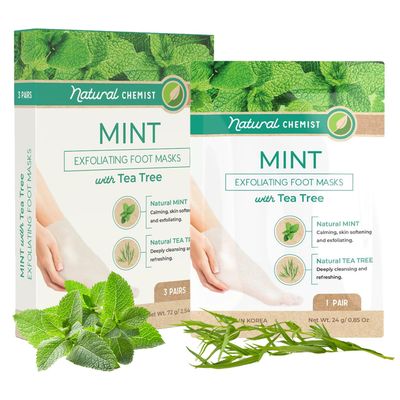 Natural Chemist Mint &amp; Tea Tree Foot Masks Moisturizing Socks - Soften Dry Cracked Feet, Removes Dead Skin Cells - Dermatologist Tested, Cruelty Free Korean Skin Care For All Skin Types - 3 Pairs