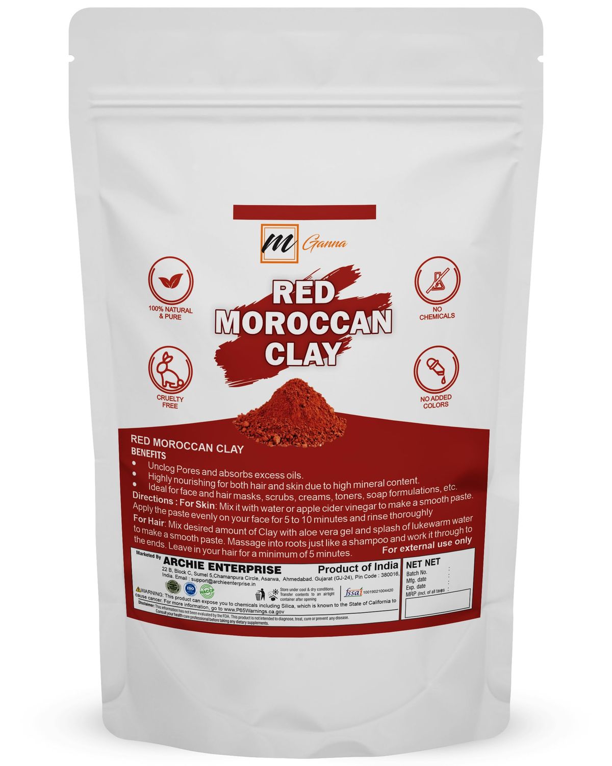 mGanna 100% Natural Moroccan Red Clay Powder for Anti-Ageing &amp; Skin firming, Hair Masks, Scrubs, Creams and Soap Making 0.22 LBS / 100 GMS