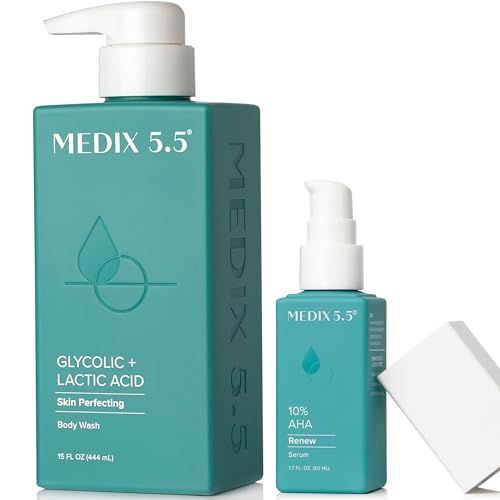 Medix 20% Glycolic Acid Booster + Exfoliating Body Wash Cleanser Skin Care 2PC Set | AHA Exfoliant Body Wash + Body Serum Both Refine + Soften Dead Dry Skin, Bumps, Wrinkles, &amp; Fine Lines, Bundle