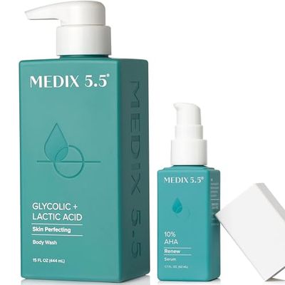 Medix 20% Glycolic Acid Booster + Exfoliating Body Wash Cleanser Skin Care 2PC Set | AHA Exfoliant Body Wash + Body Serum Both Refine + Soften Dead Dry Skin, Bumps, Wrinkles, &amp; Fine Lines, Bundle