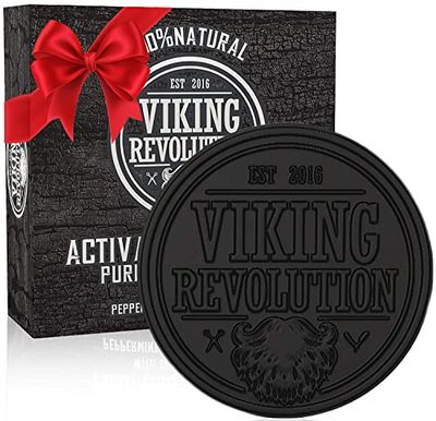 Viking Revolution Skin Cleaning Agent Activated Charcoal Soap for Men w/Dead Sea Mud, Body and Face, Cleanser,Cleansing Blackheads - Peppermint &amp; Eucalyptus Scent 0.7 Fl Oz (Pack of 1)