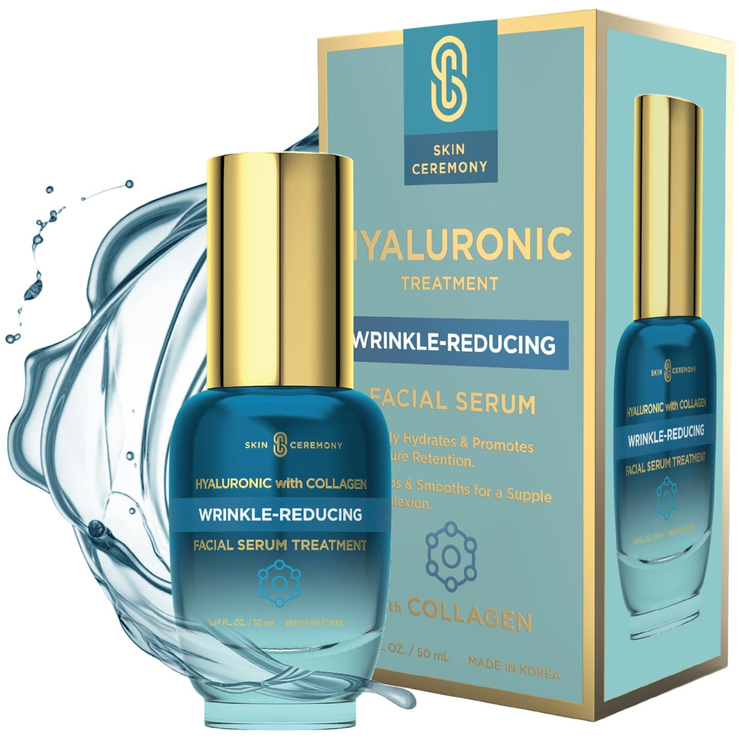 Skin Ceremony Hyaluronic Acid &amp; Collagen Wrinkle Reducing Serum - Deep Hydration, Plumps &amp; Smooths Skin - Dermatologist Tested, Clean Beauty, Korean Skin Care - 1.69 FL.OZ.