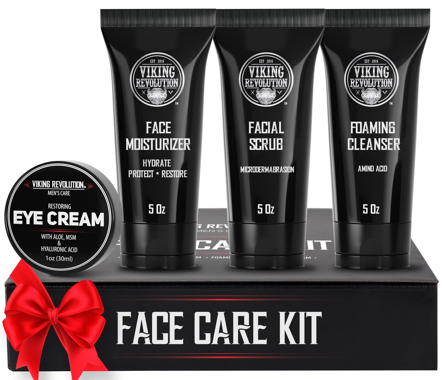 Viking Revolution Mens Facial Skin Care Kit - Includes Rejuvenating Face Moisturizer (5oz) Microdermabrasion Facial Scrub (5oz) Foaming Cleanser (5oz) Eye Cream (1oz)