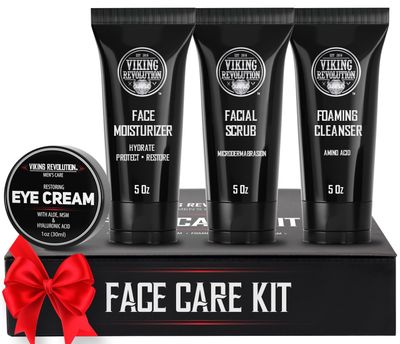Viking Revolution Mens Facial Skin Care Kit - Includes Rejuvenating Face Moisturizer (5oz) Microdermabrasion Facial Scrub (5oz) Foaming Cleanser (5oz) Eye Cream (1oz)