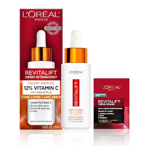 L&#39;Oreal Paris Revitalift 12% Pure Vitamin C Serum, Vitamin E, Salicylic Acid, Brightening 1 oz + Moisturizer Sample