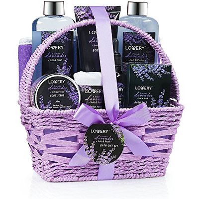 Valentines Day Gifts for Her, Spa Gift Basket, Luxury 9pc Bath &amp; Body Set For Women &amp; Men, Lavender &amp; Jasmine Scent - Shower Gel, Bubble Bath, Lotion, Salts, Body Scrub, Massage Oil, Loofah &amp; Basket
